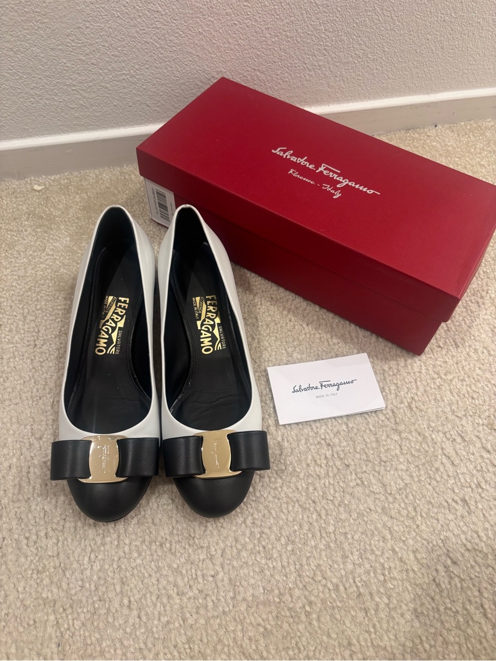 Salvatore Ferragamo Two-Tone White and Black Vara Bow Ballet Flats